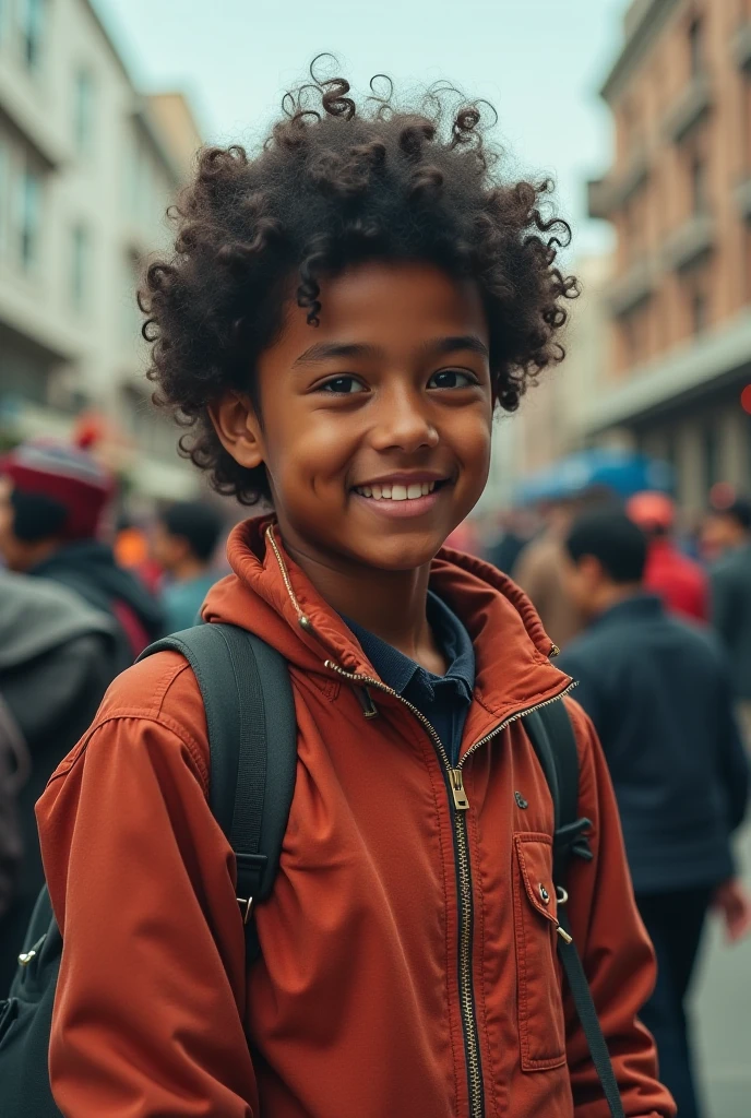 Image of a boy for a story in a YouTube video in Pixar format, He's the little allabester, He's the class leader, He's outgoing, Playful and gets up for a lot of things, ele tem pele morena, cabelo LISO preto,  He's using his phone to generate content, ele esta no cenario onde e seu estudo de criacao de conteudo onde tem iluminacao que da nocao profundidade e titulo escrito no cenario "Maykon Desinger"