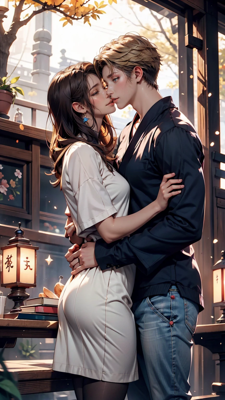 Masterpiece, Best quality, Beautiful man kisses pregnant wife's forehead, Ancient China