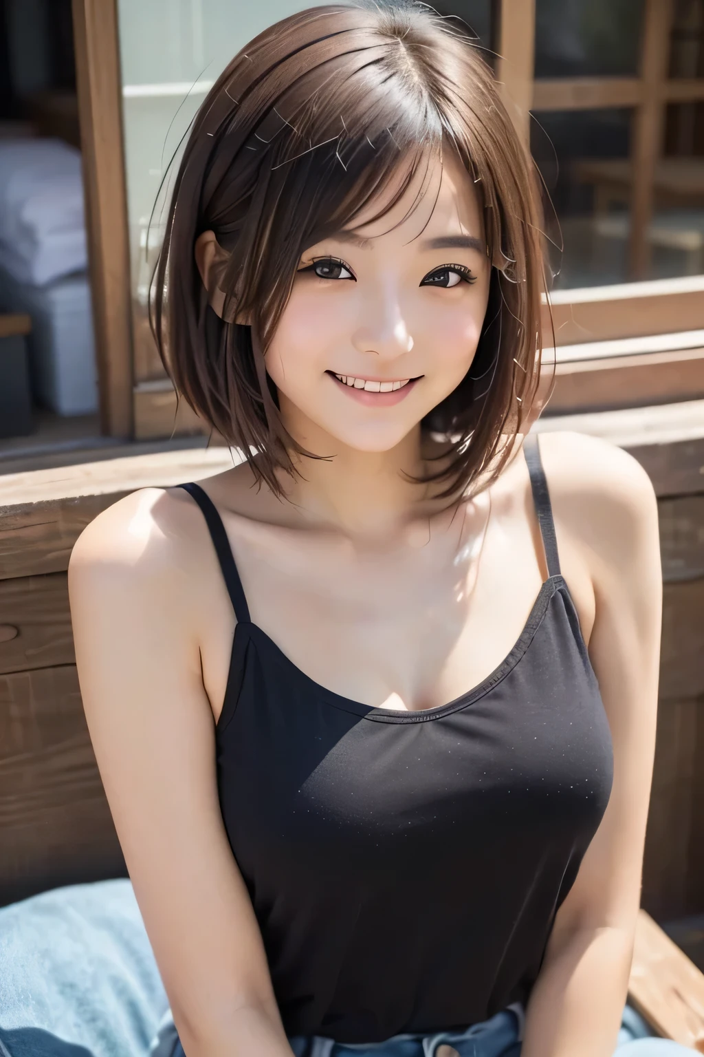 bust up angle、skin texture、top quality,very well detailed,finely,high definition,, black clothes,denim shorts,full body,Stunningly beautiful eyes,NATURAL LIPS,(Saggy Breasts:1.3) cinematic light ,(Film Gain:1.4)|(VHS Video:1.2)( old analog film pictures :1.4) viewers, girl,14 old,( :1.2),濃いbrown hair, short hair, brown eyes, Front, Detailed Faces,Japanese girl sitting in middle of the room,Wide angle field of view , messy room, look at the camera, black camisole,(8k、RAW photo、top quality、masterpiece:1.2)、(realistic、photorealistic:1.uper detailed、超high definition、1 girl、watching the audience、Beautifully Detailed Faces、Laughter、Narrow 、Comfortable clothes、Floating Hair、人間のfull body、brown hair,