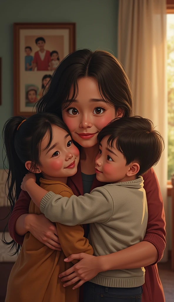 Draw a heartwarming scene of a mother embracing her children after a traumatic event. The mother's face should convey a sense of relief, comfort, and unconditional love. The children should appear scared and vulnerable, but also grateful for their mother's warmth and protection. The background should be subtle, with a focus on the emotional connection between the mother and her children. Use a color palette that evokes feelings of calmness and serenity. The style should be realistic, with attention to detail and texture. The overall mood should be one of hope and resilience."