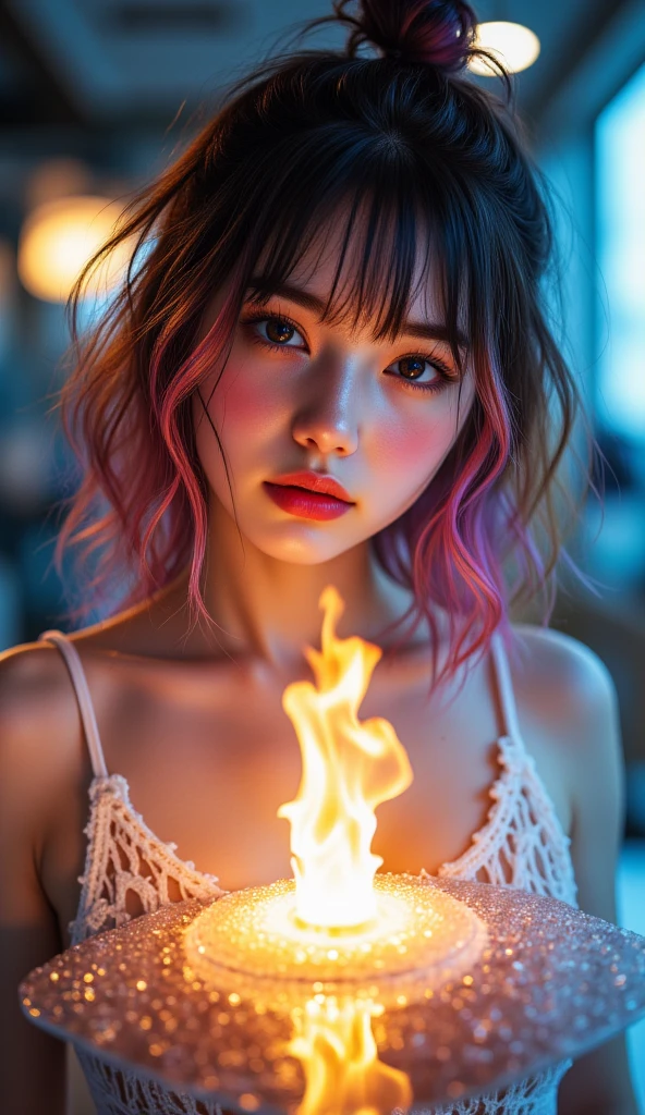 Cute girl with short red shoulder-length hair with dragon horns and fire around 