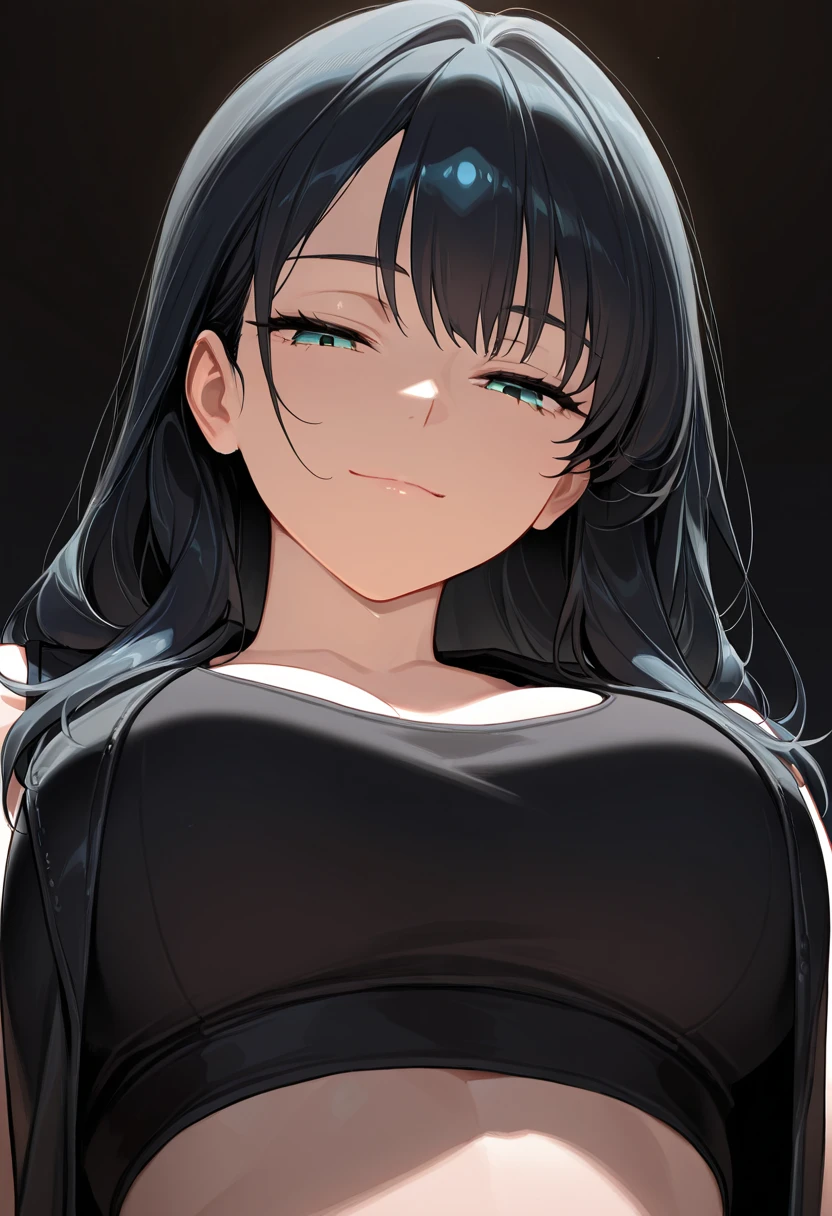 A closeup of a woman in a black dress with a black bra, She has black hair, Oppai, hinata hyuga, is wearing a swimsuit, colorful manga, colored manga panel, menina anime sedutora, Nagatoro, she has a distant expression, parecendo surpreso, anime semi realista, color manga panel, cel - estilo de arte sombreado, mostrando o rosto, anime moe artstyle, (menina anime), garota sexy, garota sensual, olhos detalhados, muito bonita, anime semi realismo, garota com roupa transparente, roupa transparente, sensual, sexy