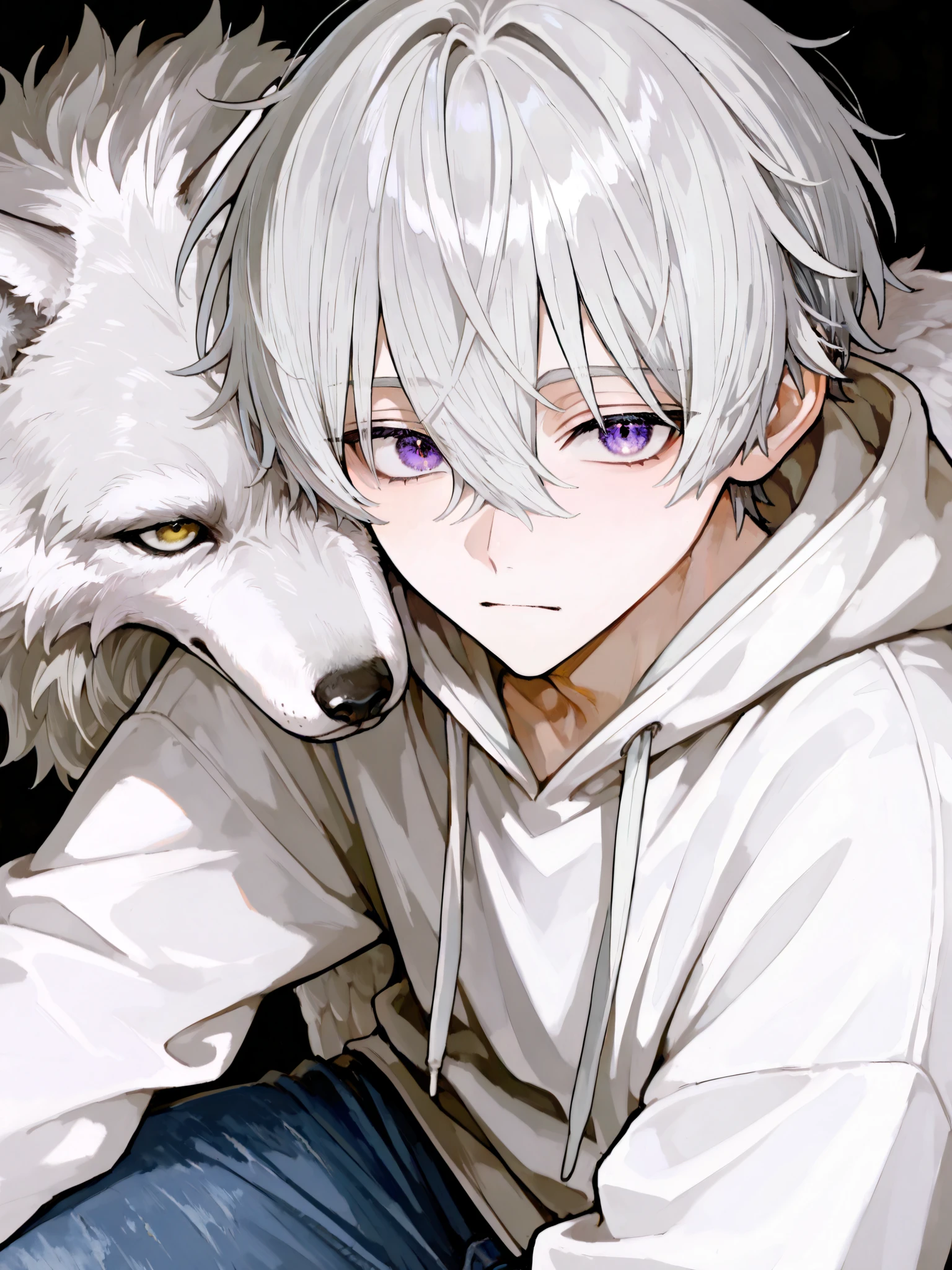 of the best quality,high definition, male,one person only,人物は male一名のみ,
Silver hair close to white,silver hair,Purple Delicate Eyes,There is a big white wolf behind the M-shaped cross with bangs,Short hair with volume and wings,
Curly hair,There is a slight neckline,his hairstyle is similar to Seishiro Nagi,
maleの背後に大きなホワイトウルフ,白い狼の前にいる male,I'm following a white wolf,
are cool,Handsome Guy,Looks strong,White Hooded Hoodie,Navy jeans