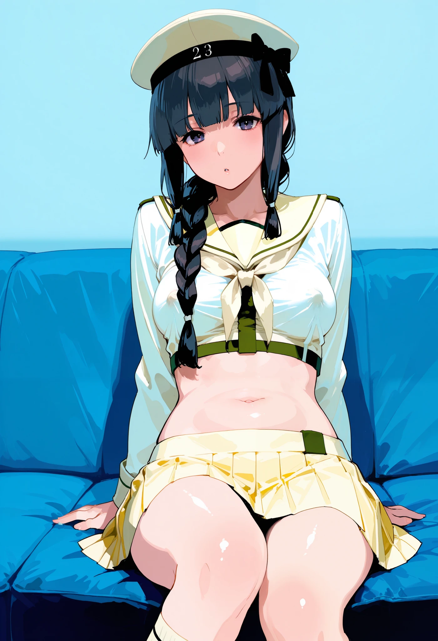 Kitakami [Kai Ni Outfit] (Kantai Collection), 1 girl, 北superior (KanColle), black hair, pleated skirt, Single Braids, school uniform, long sleeve, long hair, sailor suit, side lock, short bang, Neckerchief, sailor color, Headwear ribbon , belly button, thin waist in the video department, superior, knee-high, hair bows, loafers, crop top, chest, hair hanging over the shoulders, dark eyes, yellow skirt, cowboy shooting from 16318, black hair,erect nipples on the upper body,