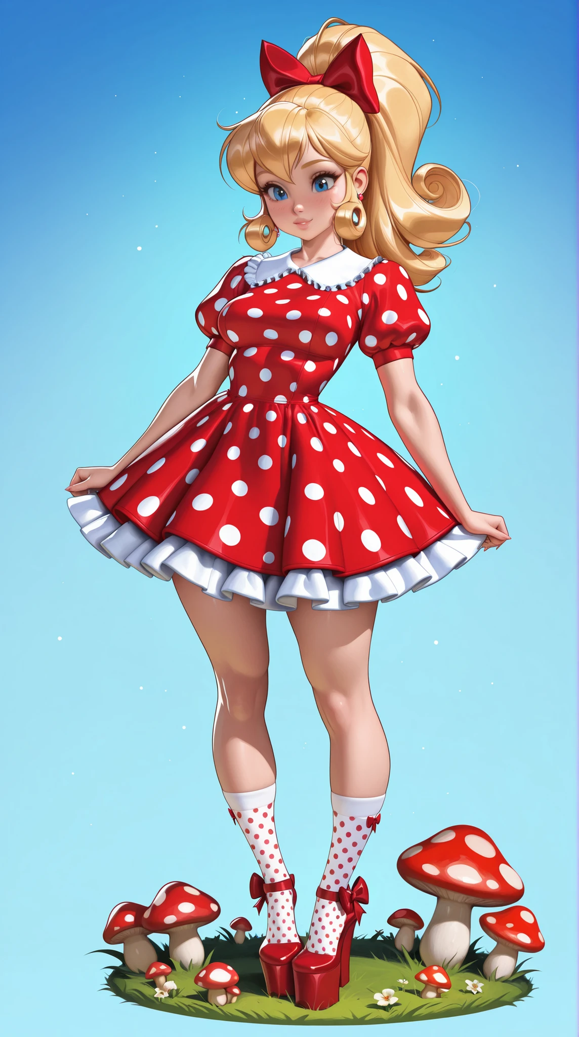 (TangoBat:0.7),(Sakimichan:0.7), a top influencer woman, cute and spunky, retro 60's style, fair skin, long curly blonde hair in High Ponytail with flower clips, field background,mushydress, dress, standing, full body, short sleeves, frills, puffy sleeves, red bow, puffy short sleeves, red dress, polka dot, white socks, red footwear, mushroom, platform footwear, polka dot dress, polka dot legwear, masterpiece, best quality,absurdres