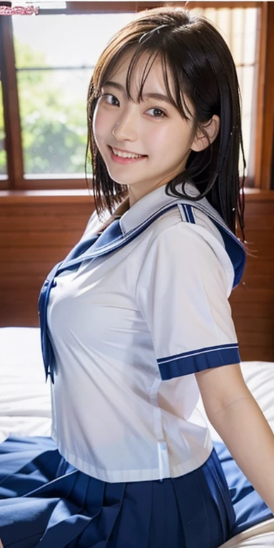 ulzzang-6500-v1.1, (Raw photo:1.2), (Photorealistic:1.4), Beautiful detailed girl, Very detailed eyes and face, Beautiful detailed eyes, Huge file size, (Big), High Resolution, Very detailed, Best quality, [Masterpiece:1.6], [JK Uniform], Illustration, Very detailed, CG, Fine detail, Best quality, Highly detailed CG uniform 8k wallpaper, movie lighting, 1 girl, 17 years old, cute Japan high school girl, perfect figure, [unbuttoned white school blouse], large taut breasts, [huge breasts, heavy breasts: 1.6], cute droopy eyes, beautiful big eyes, white school blouse, see-through bra, sweaty and wet, [sexual arousal: 1.1], [Sexual arousal: 1.1] Lying in bed: 1.5], hands raised, school uniform ribbon around the neck, smile, (the whole body is wet), shining eyes