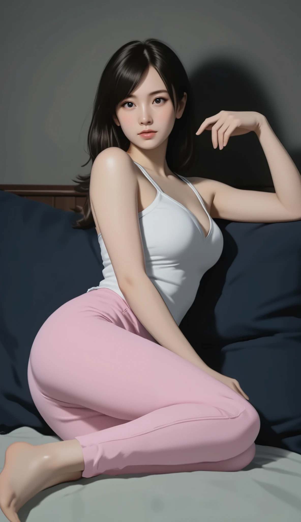 sleeping girl, 22 years old, realistic, (Big Breasts、deep cleavage), she is wearing long pants , I'm wearing pink pajamas, brown hair.
