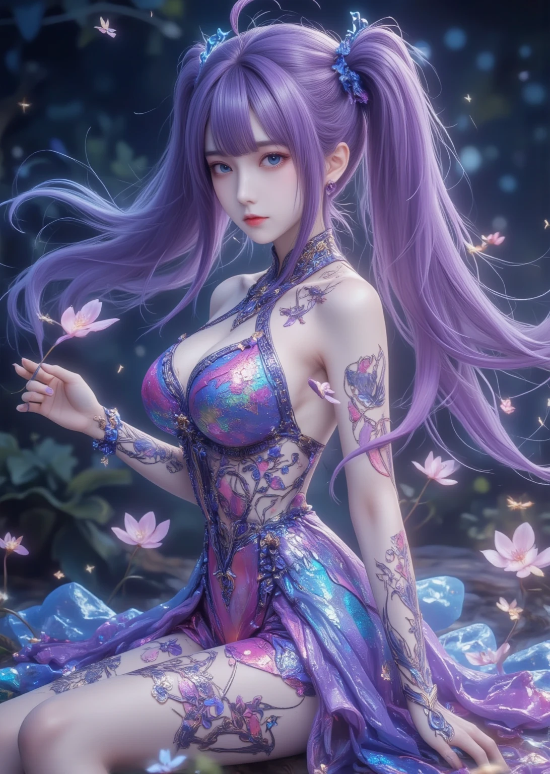 Genshin carved Haru，fond violet，Brilliant starry sky，Full character photo，Genshin logo，Engraved clear sign，Thunderbolt sign，Natural skin texture，ultra-realistic realism，the soft light，sharp