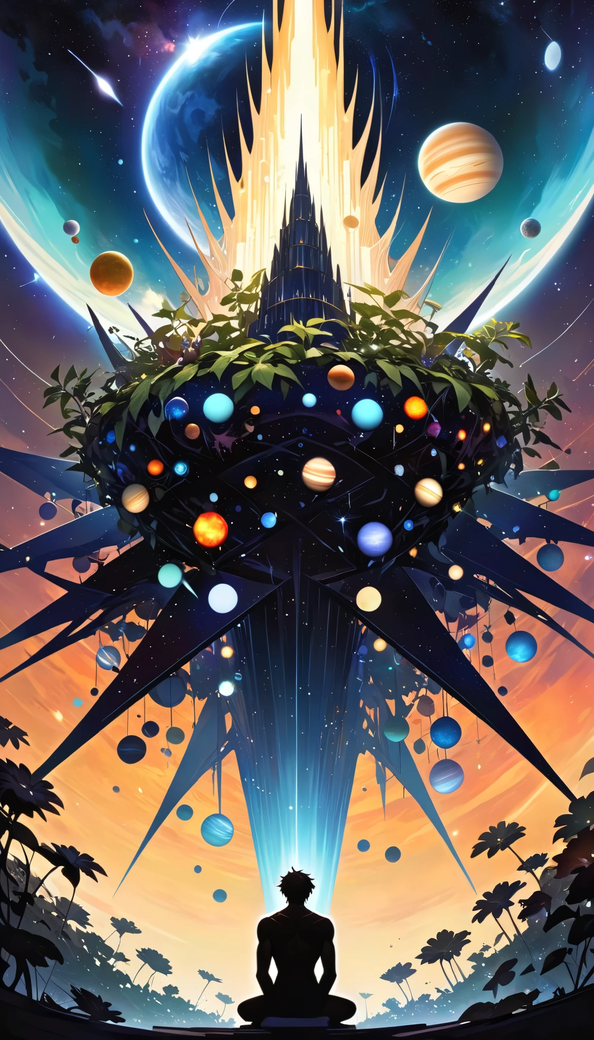 
(Create a silhouette of a man sitting in an accent royal chair, his hair looks like it stands straight up going miles touching Sevel plants in his solar system.) ((Use this description below))

The Towerman's Celestial Web:

The solar system known as the "Babel Cluster" is a chaotic tapestry of life, bound together by the enigmatic figure known as the Towerman. Little is known of this being, except that he is said to reside at the apex of a colossal, space-spanning structure known as the "Celestial Spire." This Spire, a towering monument of impossible geometry, pierces the heart of the Babel Cluster, its summit lost in the swirling nebulae.
The most unsettling aspect of The Towerman's existence is the pervasive belief that all planetary life within the cluster is interconnected via his "celestial hair." Whispers speak of invisible, ethereal strands that extend from the Spire, weaving through the cosmos and binding the very essence of each world. This connection is said to explain the strange, often grotesque, biological phenomena that manifest across the cluster.

