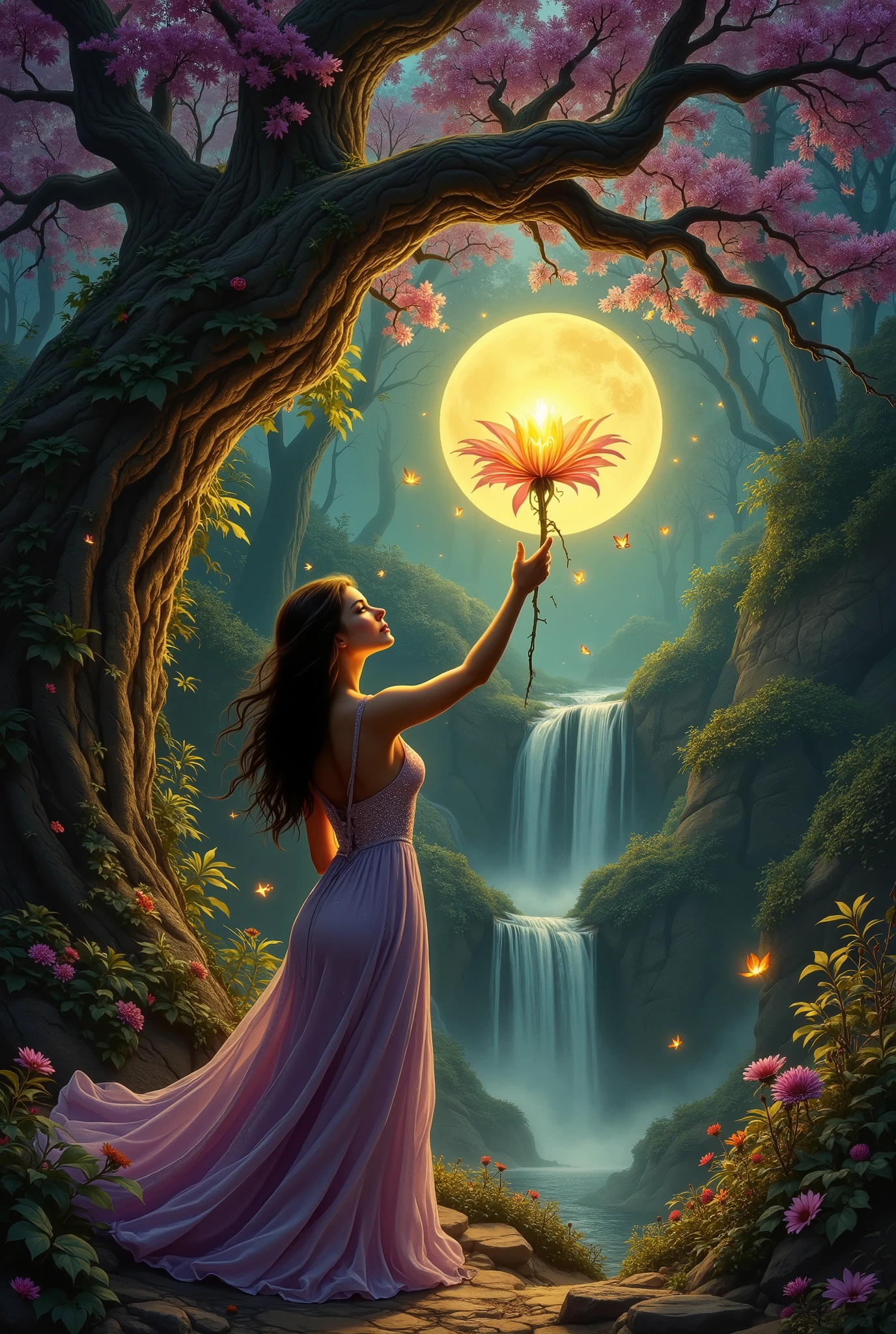 Oil painting. A young woman with olive skin, 20-25 years old , in a long dark purple dress with gold patterns, resembling vines and flowers, gently touches a large, of a glowing golden flower, growing on a high, of an ancient tree in the magical forest. Her pose is graceful, arm is slightly bent, fingers barely touch the petals, — enchanted, eyes are full of surprise and delight. long hair, Dark chestnut, freely fall down the back. The flowers envelop her with gentle light, giving her skin a light golden glow. moon, bright and full, illuminates the purple clouds above the tree forest, facial expression filled with thick vines. view, under the tree, stream two waterfalls, forming an arch, inside which a fantastic flower grows. Composition — medium plan, gentle camera tilt upwards, emphasizing the majesty of wood and the magic of the atmosphere. The color palette is deep purple, golden , dark purple and green shades, soft moonlight, play of light and shadow , creating a sense of mysticism and magic. The texture of the dress fabric is rich, velvety, wood — her rough, but the old, flower leaves — tender, translucent. Style in the center of the portal — fantastic realism, in the spirit of the Pre-Raphaelites, babble with elements of symbolism.