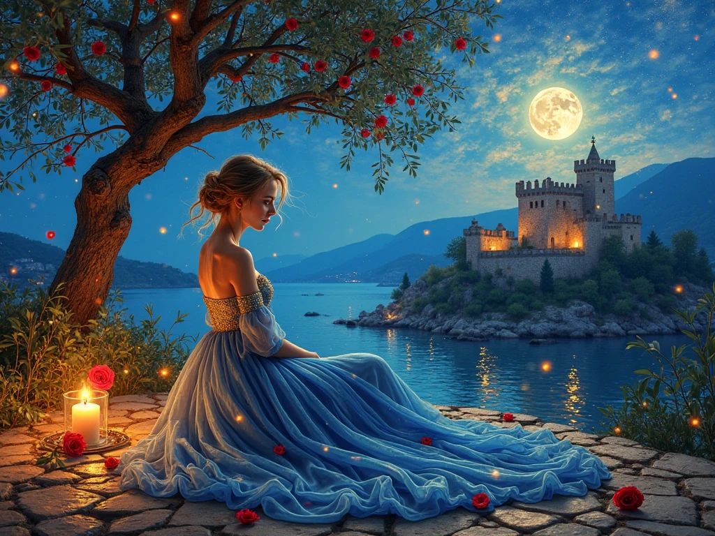 Painting of a beautiful woman in a blue dress, standing on the balcony, the scene is illuminated by the moon in the starry sky, based on Evgeny Lushpin, romantic picture, beautiful art uhd 4k, Michael Horse (unreal engine, Fantasy Painting HD, Alexander Kucharsky, fantasy art realistic painting, inspired by Michael Cheval, beautiful painting in fantasy style, Fantastic scene, fantasy beautiful, dream landscape art, fairytale picture