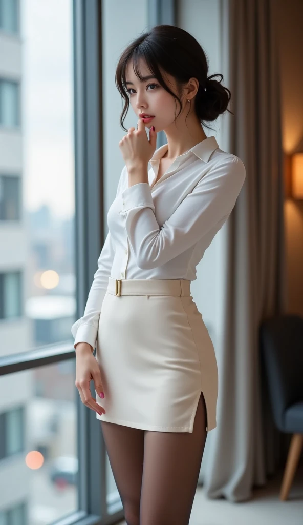 "Sakura, in her form-fitting secretary outfit, a vision of allure and sophistication, well-tailored pencil skirt and fitted blouse accentuating her slim waist and curvaceous hips, skirt showcasing her shapely legs paired with high-heeled pumps, blouse in crisp white or soft pastel enhancing her fair complexion, glossy black hair worn down in soft waves, light sophisticated makeup emphasizing her almond-shaped eyes, a string of pearls around her neck symbolizing elegance, in a photorealistic image, professional office fashion photography style, full body shot, 70mm lens, refined and elegant lighting, high resolution 8K, capturing her stunning blend of professionalism, elegance, and allure (professional office fashion photography:1.4), (elegance and allure:1.3), (sophisticated and light makeup:1.2)"