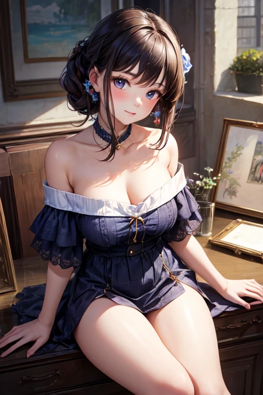 {8K Photo Quality:1.2}、{Ultra-high resolution photo quality:1.2}、{Super Real 1.2}、{Perfect limbs}、masutepiece、1womanl、Solo、Blue Off Shoulder、wet costume、White and Blue Companion Costume、Light blue flared skirt、Pink lace panties、Puffy nipple、Event Venues、Slouching cleavage emphasis pose、Shyness、Dynamic sexy poses、Kamimei、Long Wave Hair、soft boob、Stockings、up skirt、sexy hips、Large earrings、a necklace