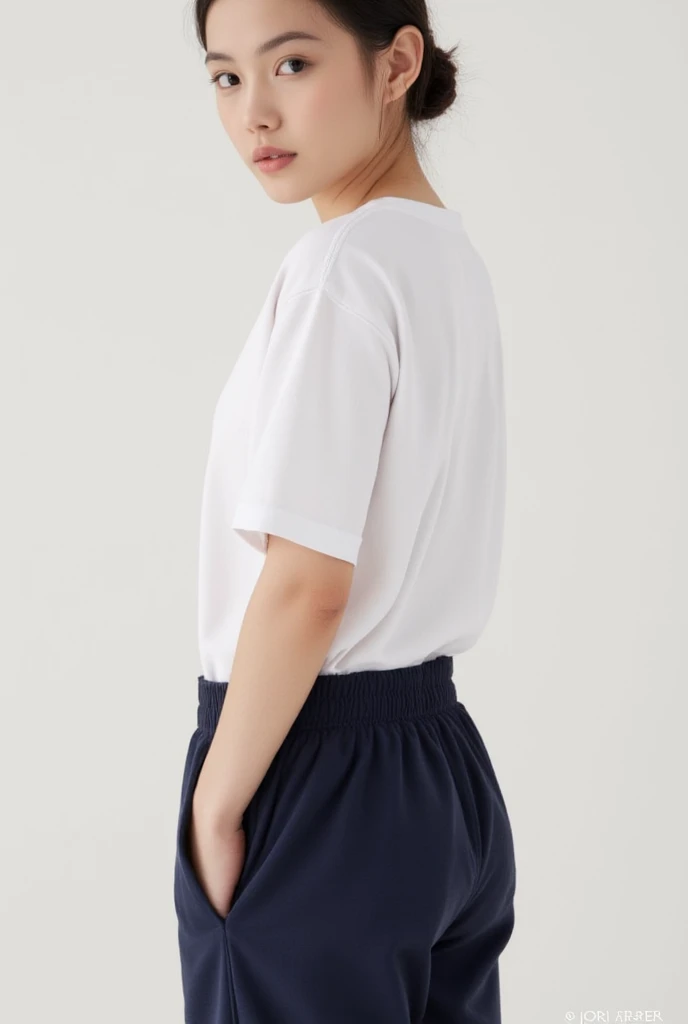 high school girl、(((White short-sleeved T-shirt on the upper body)))、((Long white gym clothes))、(((Very tight bloomerid rise bloomers)))、(((Navy Bloomers)))、(((Tuck the bottom of your gym clothes into your bloomers)))、Big Breasts、(((Schoolyard)))