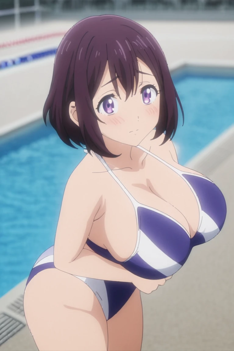 masterpiece, best quality, screencap, artist:yoo tenchi, 1girl, solo, toyokawa fuka, short hair, messy hair, wavy hair, dark blue hair, antenna hair, brown eyes, bikini swimsuit, swimsuit pull, large breasts, highleg, smile, looking at viewer, no background, white background