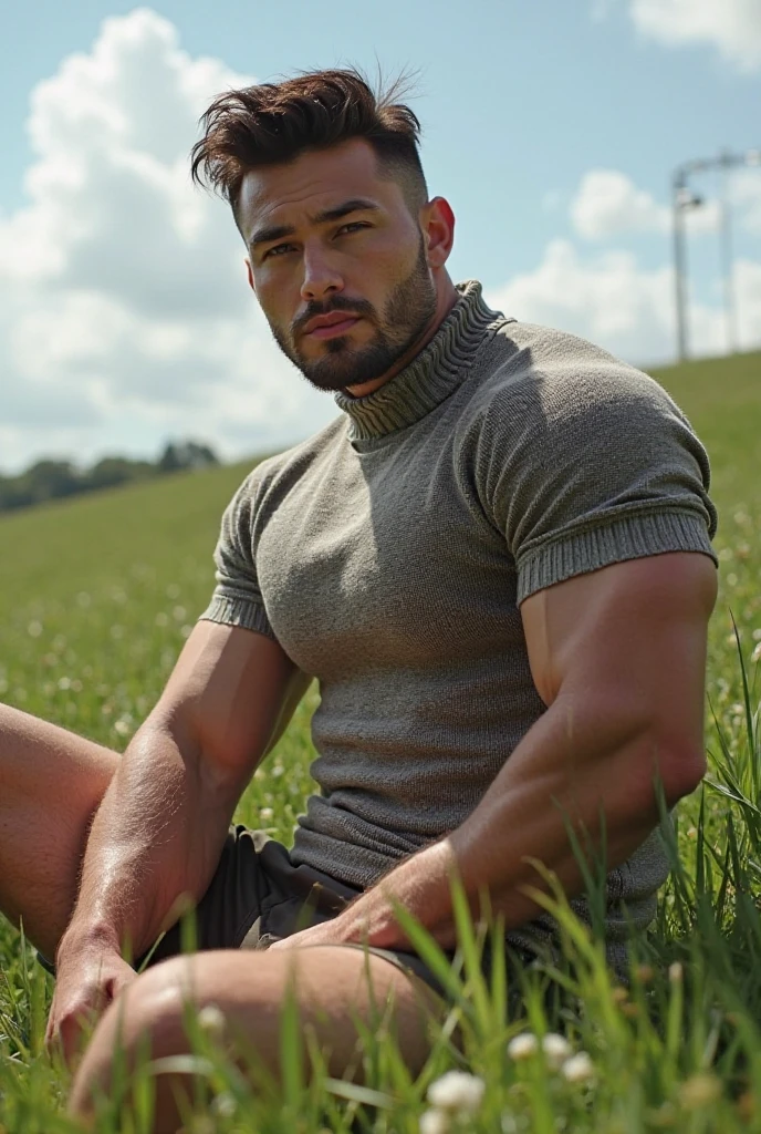 Young muscular man with large masculine chest, Big nipples, Fair skin, Fine wavy black hair, Sexy masculine face, Light stubble and beard, Beautiful bull horns on either side of his head, Cowboy gloves in hand, Wearing cowboy pants and boots, Upper body naked, black boxer briefs, Take dynamic poses, High resolution, Cinema Lighting, Wheat field background, Mountain々, Vibrant colors."