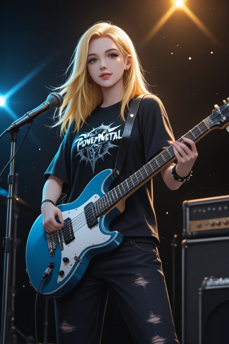 Russian style, girl children, portrait, long blonde hair with red leather jacket and black clothing, background with amplifiers and guitars,. --auto --s2