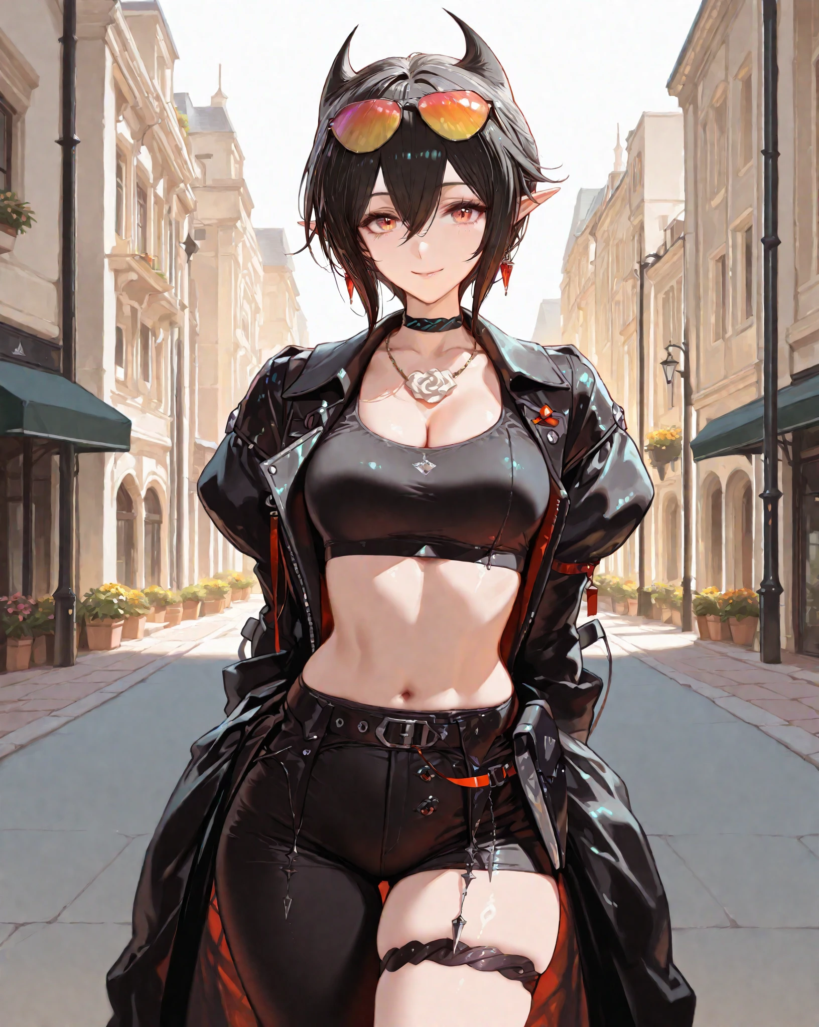 (masterpiece1.5),hyper quality, Hyper Detailed,Perfect drawing,。.3D,16K illustrations、((clearface))、Hi-Res、Brown skin,Lunette de soleil、Bad girl、Huge breasts,Very short hair, half-opened mouth,Looking at Viewer,Black hair,lofty nose,Thick lip,Cowboy Shot, Nice backgrounds for your subject、beatiful backgrounds、spot light、Vibrant colors、(((Detailed drawing)))、Perfect Beautiful Girl、(((Perfect Photo))