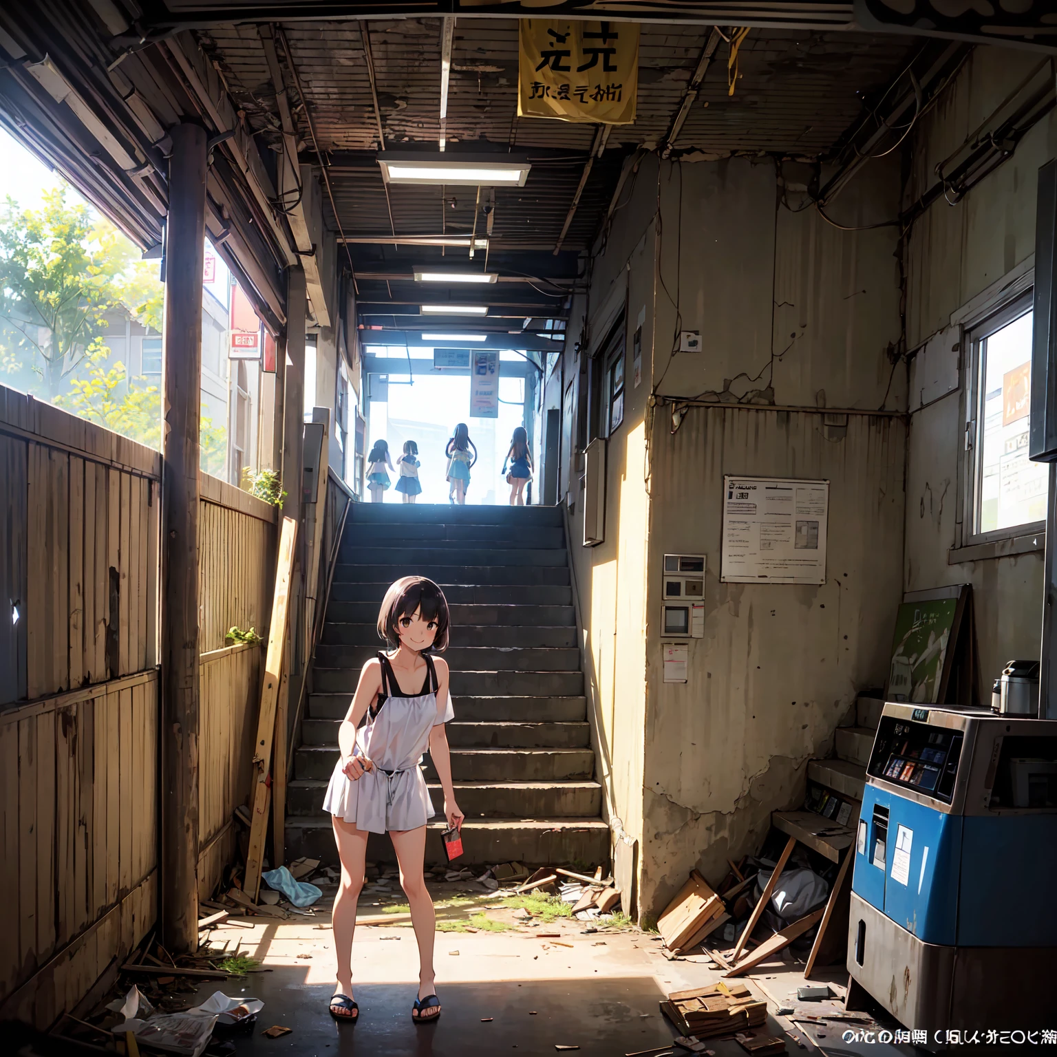 Standing naked in an abandoned school，Exposing the genitals ，Garbage all over the ground，best qualtiy，full-body portraits（1：1），18 years old girls，lean and slender body，Skinny，Smaller bust，The barefoot，Leaky ，Leakage of all breasts，Naked all over the body，Resident Evil