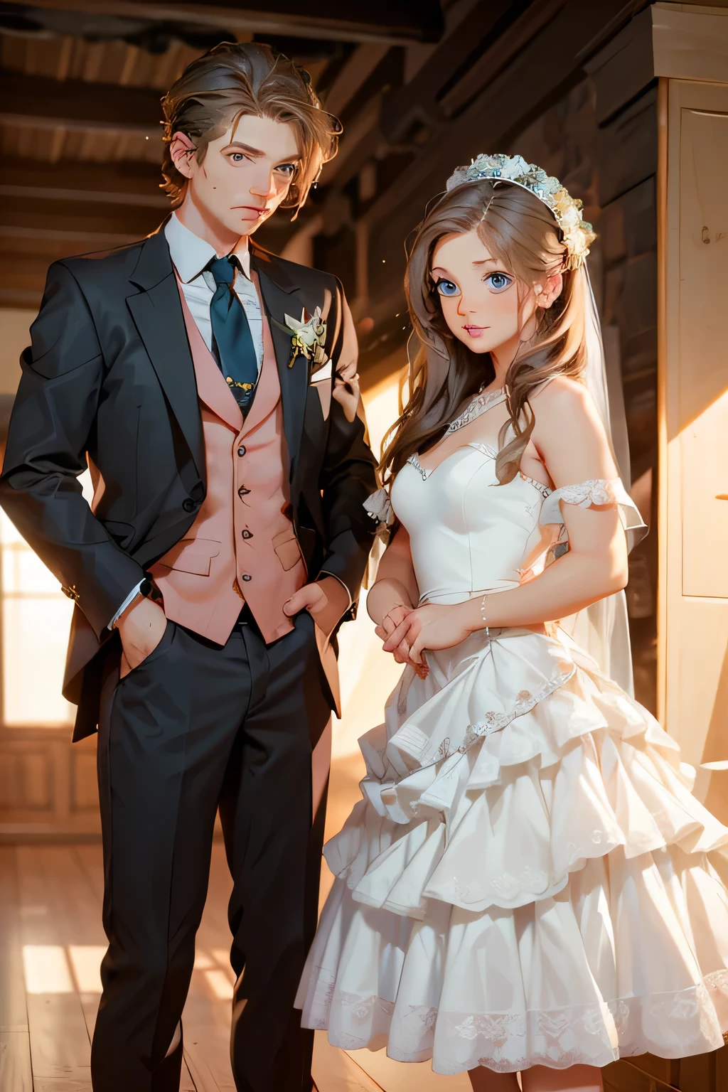 Wedding Photo . bride and groom . Bride - Beautiful brown-haired girl . 29 ren . Blue eyes . chest size 4 . The groom is a powerful man with black eyes .