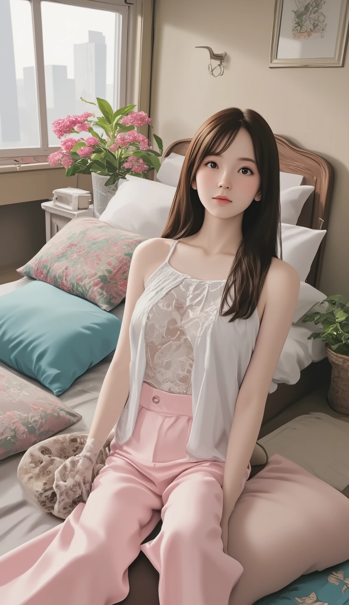 sleeping girl, 22 years old, realistic, (Big Breasts、deep cleavage), she is wearing long pants , I'm wearing pink pajamas, brown hair.