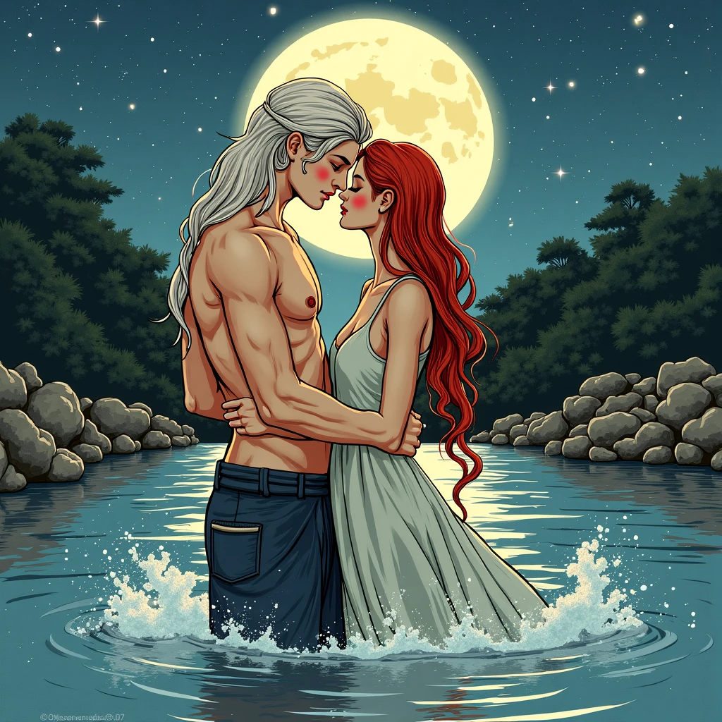 score_9, score_8_up, score_7_up, source_anime, rating_explicit, 1 woman, 1 man, mature woman, long intense red hair long hair, red lipstick, kissimg, red bra, covered in red veils, sex, lying in a waterfall, with a 1 man, white poited hair, white beard, strong, night, huging, full moon, red lights,