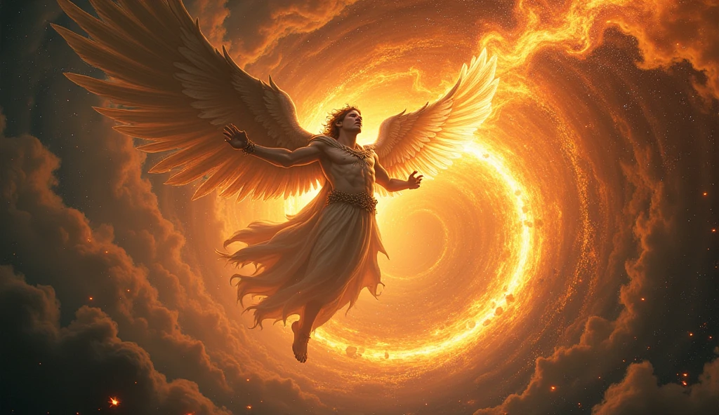 I want a realistic image of the Spirit of God, winged by a person Male, that contains fire around it, that the creation is Full 8k