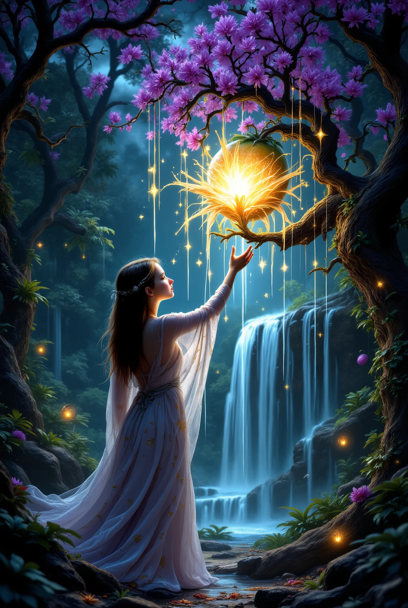 A flower growing on a tree, Crumbling with gently beautiful golden stars, Night, moon, purple clouds, lianas, A tree forest, Girl Touches the Flower, He envelops her in magic, giving her a beautiful and sexy look, , her attire resembles an intricate fabric of patterns, in the style of oil paint, and a fantastic atmosphere, flowing at the bottom waterfalls that create a magical sphere like an Arch under which an unprecedented Fruit grows, fantasy style, Masterpiece, best quality, 8k, high-quality textures, high-quality details, high quality, lots of details,