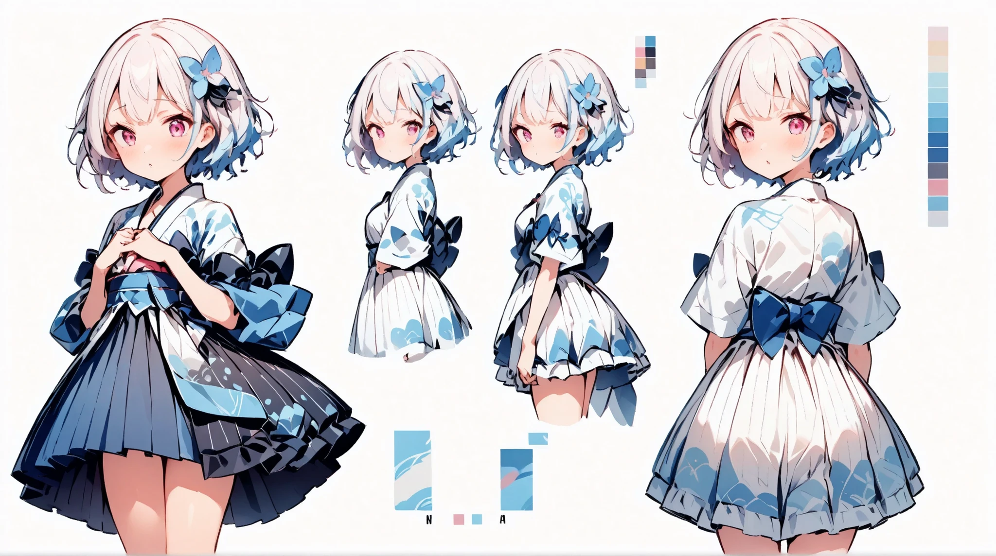 Alone、 slim、Petite、22 years old、 height 158 cm、An Extraordinary Beauty、short hair、 light blue hair、thin legs、Petiteなお尻、Idol-like eyes、
(Japanese patterned yukata))、full body、facing directly、 my mouth is open、((Hands ahead of the skirt、Lower your hands straight))、Character sheet、and the background is blank、
、Show color variations