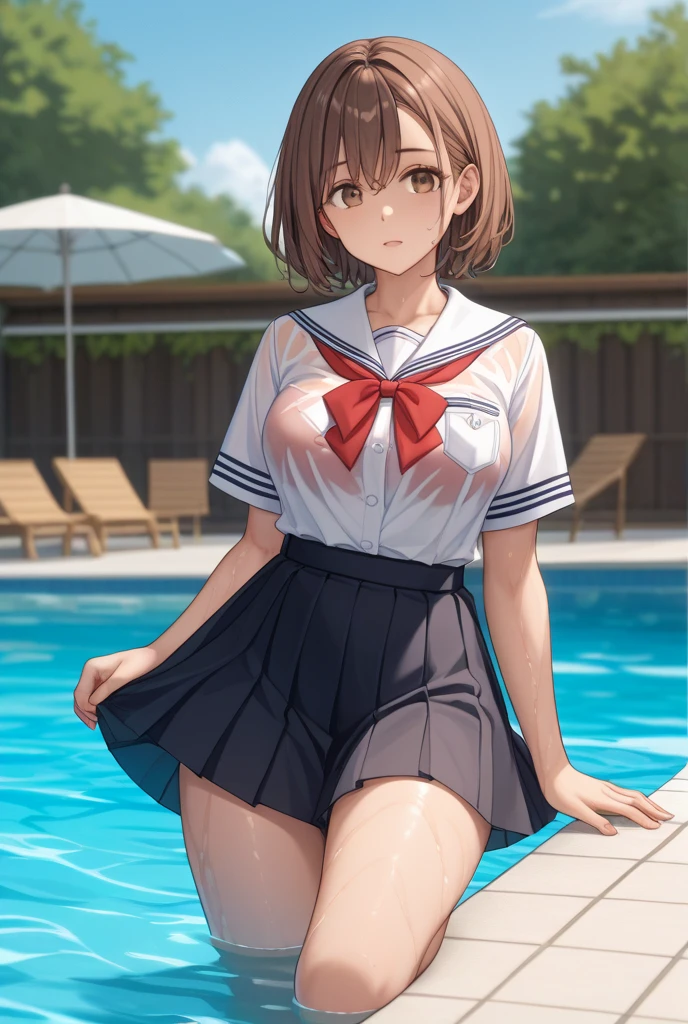 (highest quality:1.5)、ultra high resolution、detailed background、masterpiece、anatomically correct、cute beautiful girl、(detailed beautiful face:1.4)、brown hair、bob cut、(big breasts:1.3)、realistic、perfect body line、Charm、Look at me with a very embarrassed expression、blush、White sailor suit made of see-through material、sailor color、Large home garden swimming pool、cute gesture、femininity、Cute impression、Emphasize health and beauty、the whole body gets wet、My clothes are wet and transparent、my hair is wet too、cute
