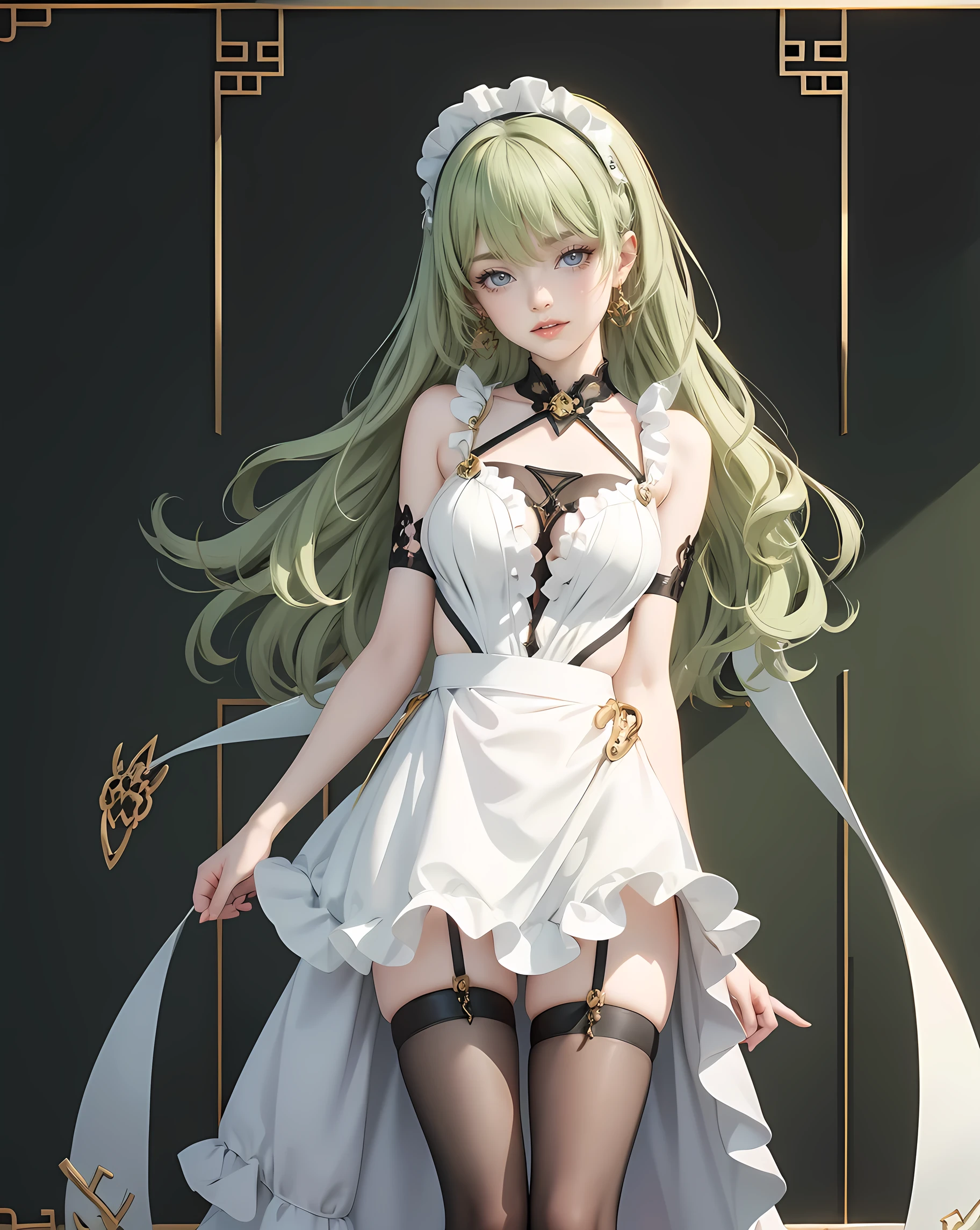 hermosa chica anime de piel blanca con una mini falda rosa,medias blancas con liguero,White corset with gold trim,ropa estilo steampunk,cuerpo completo,cabello corto blanco,delineado rojo, ojos verdes,lentes rosas,estilo rococo,UHD,HDR,8k,en una ciudad retro futurista de noche