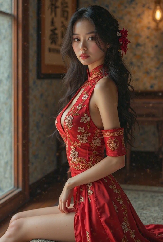 Asian woman with long hair,Ponytail, Wear a red dress with three quarter sleeves., white sneakers, cloth belt, Stand with your hips crossed.