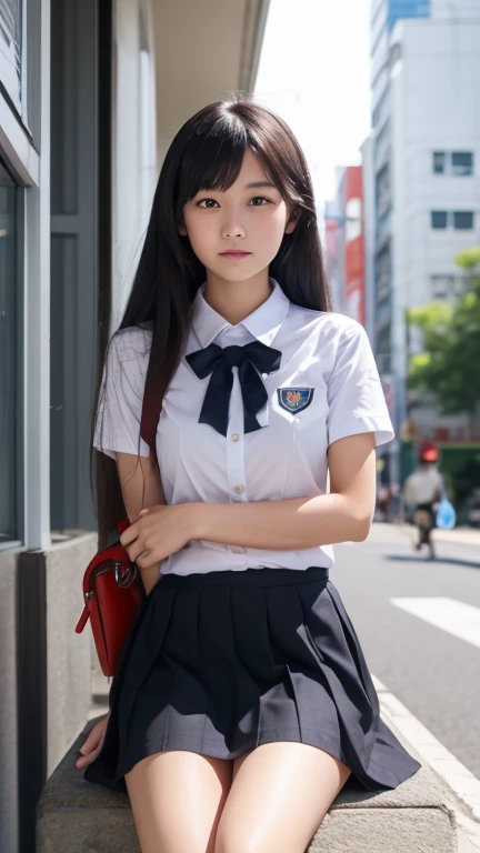 Alafed Asian girl sitting on bench in school uniform, Surrealism female students, girl in uniform, Surrealism female students, Beautiful Anime High School Girls, Wearing a Japanese school uniform, Realistic schoolgirl, in school uniform, Japanese school uniform, in school uniform, cute female student, japanese girl school uniform, portrait of high school girl, Female Student