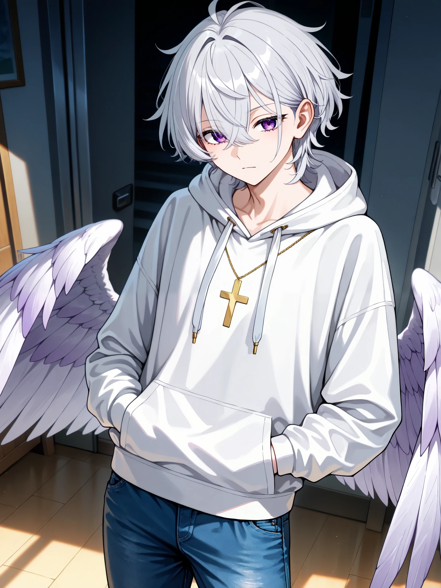 of the best quality,high definition, male,one person only,人物は male一名のみ,
Silver hair close to white,silver hair,Purple Delicate Eyes,There is a big white wolf behind the M-shaped cross with bangs,Short hair with volume and wings,
Curly hair,There is a slight neckline,The hairstyle is similar to Seishiro Nagi,
maleの背後に大きなホワイトウルフがいます,白い狼の前にいる male,
are cool,Handsome Guy,Looks strong,White Hooded Hoodie,navy blue jeans
God々demeanor,standing,
