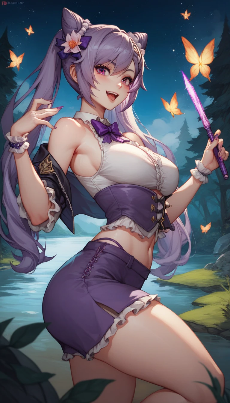 best quality, masterpiece, (praying:1.4), standing, pov, 1girl, yuzuriha_(jigokuraku), purple hair, brown eyes, ninja, open clothes, cleavage, small breasts, topknot, medium hair, looking at viewer, outdoors, forest, open mouth, purple boots, bush, seductive smile, pants, (blush:1.2), (NSFW 1.5)