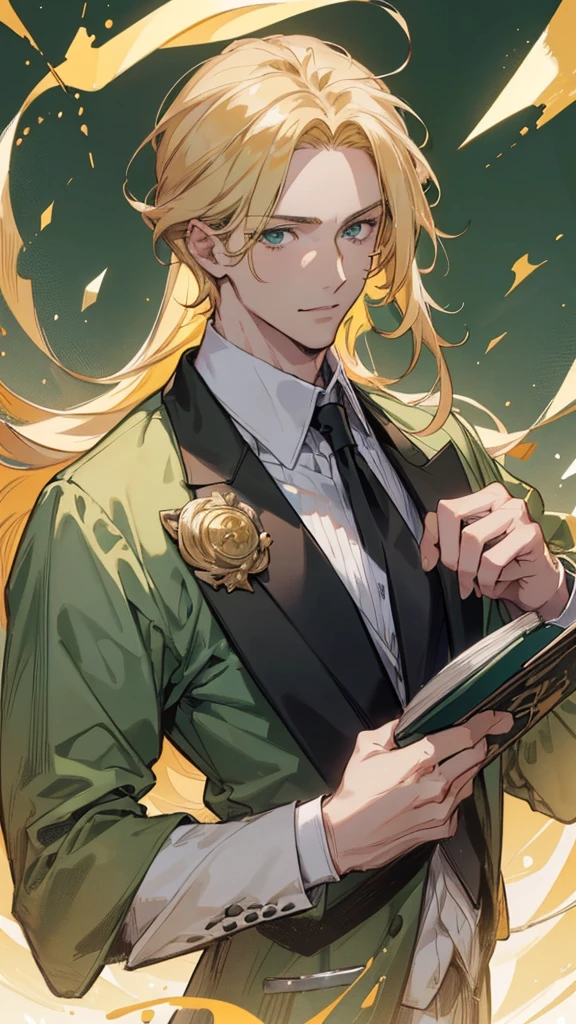 1 male,portrait,(best quality,4K,【8k,high resolution,masterpiece:1.2),Super Detail,32 years old man,handsome anime,portrait,very strong, male,Golden Hair,hair length to shoulder,gray-green eyes,Charming Eyes,perfectly styled hair,bright colors,Dynamic Lighting, Suit Pen Holder,modern,Floating Smile,mafia