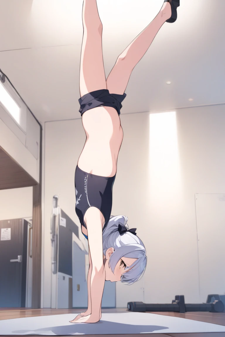 1girl, madoka, happy, , short hair, white thighhigh,squat,raise bothhands,spreadlegs,from below,microbikini