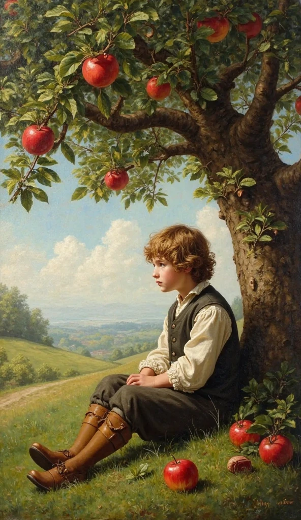 "Image simulating a boy also observing the apple that differs from the usual, ultra detailed, lots of color, cool and modern, realistic casting of shadows, warm and vivid light, vibrant and dynamic atmosphere, blurred background with different texture details."
