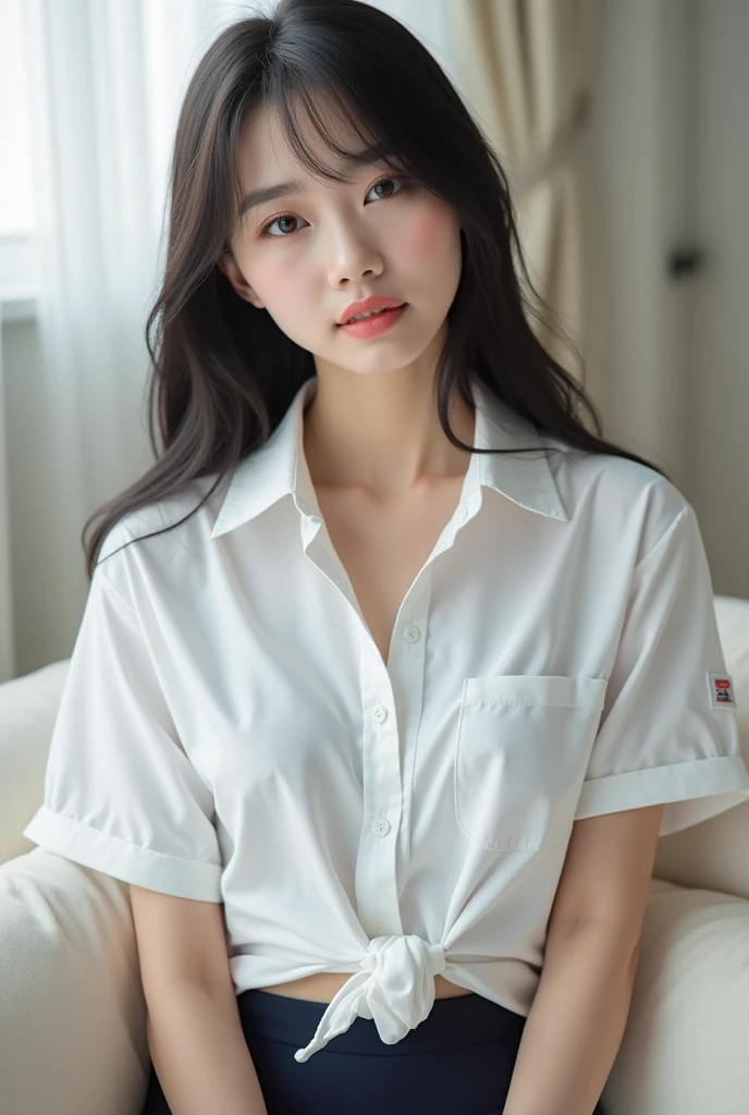((Highest quality, 11, Masterpiece: 1.3)), Sharp focus: 1.2, Beautiful woman with a perfect body.: 1.4, Slender stomach: 1.2, ((Long wavy hair)), ((small size: 1.4)), ((kpop idols: 1.3)), ((Sweating: 1.4)), (((High School Uniform 1.5)), (White sofa), Highly detailed face and skin, Highly detailed eyes, Double eyelids, ((posture)), (charming)), Wet and glossy skin, ((heat: 1.6)),Wear cat ears