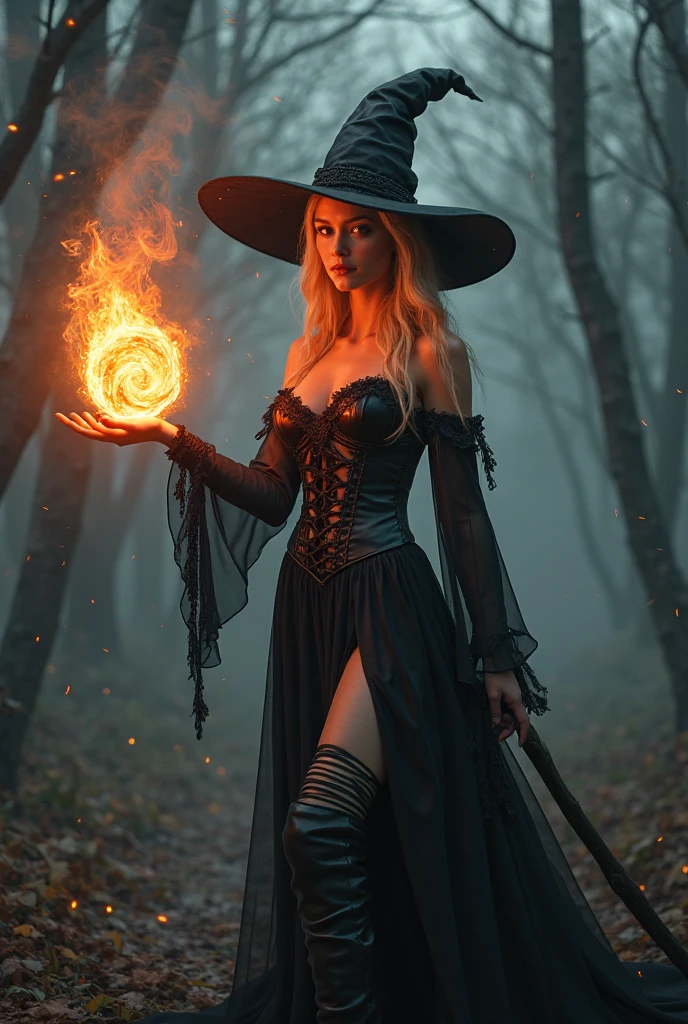 beautiful detailed eyes, beautiful detailed lips, extremely detailed eyes and face, long eyelashes, 1 female witch, elegant witch, sexy witch, witch on broomstick, witch pointing finger at viewer, main nette, golden eyes, intense seductve gaze, full body, dark fantasy, dark magic, dark witch, moody lighting, dramatic lighting, cinematic lighting, highly detailed, intricate details, fantasy art, digital painting, hyper realistic, masterpiece, 8k, photorealistic, cinematic, dramatic, mystical, magical