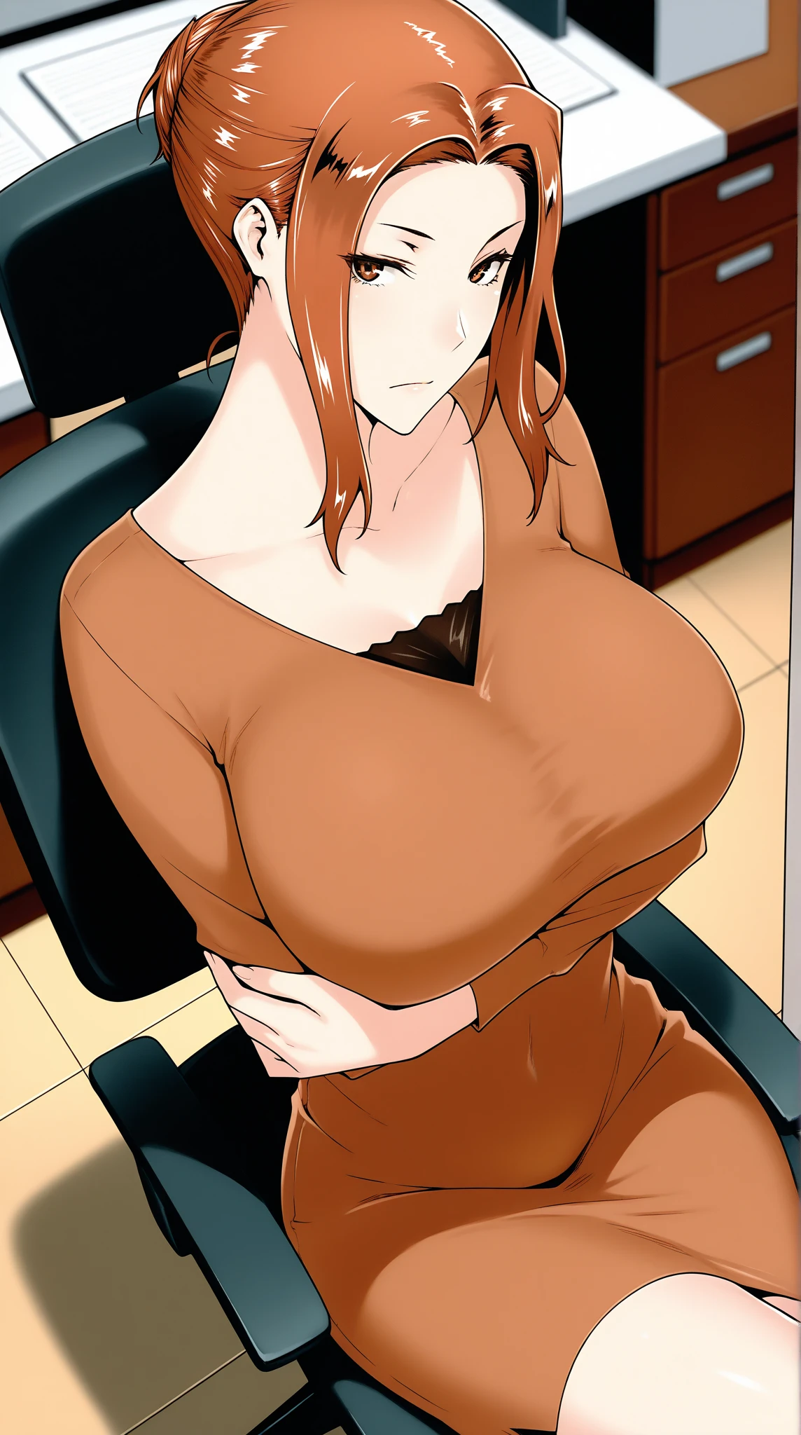 Masterpiece, best quality, detailed face, detailed eyes, HULisa,  ponytail, , ribbed sweater, office, desk, computer, sitting, office lady, office chair, tyle - King Bun: 0.8) ((sweaty blush, big breasts, biting on a condom, holding a condom with semen, condom on the chest, condom after use))