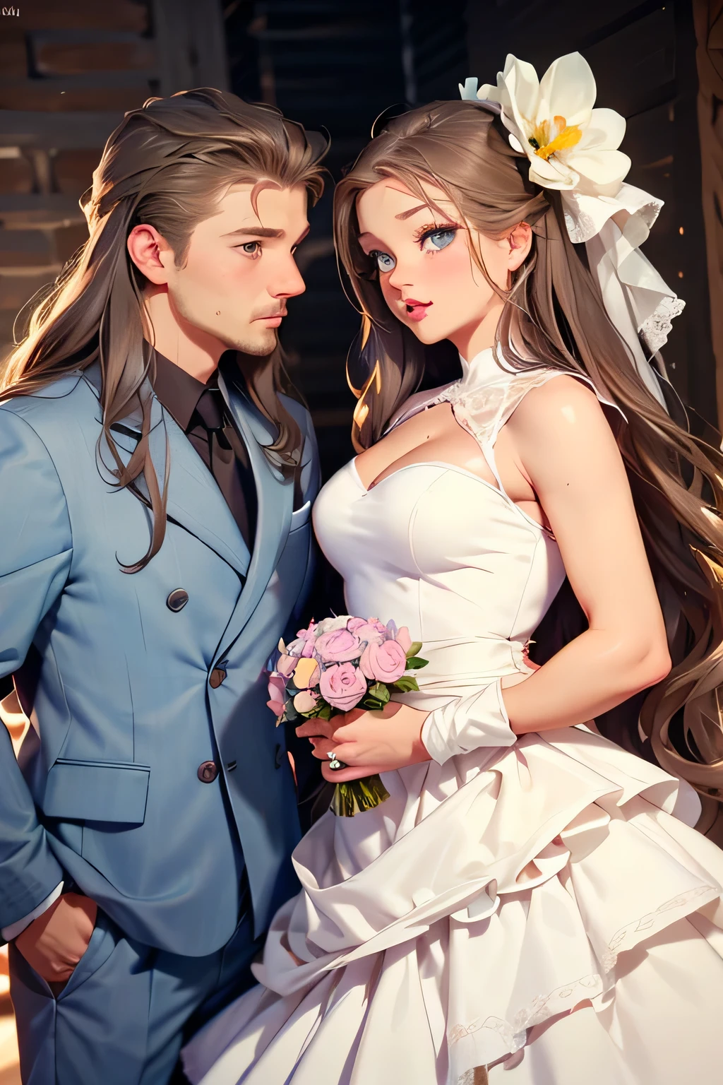 wedding . There are 2 people in the frame . bride and groom . Bride - Beautiful brown-haired girl . 29 ren . Blue eyes . chest size 4 . The groom is a powerful man with black eyes . They are happy .