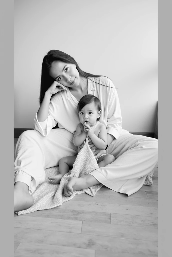 Caucasian woman with black hair holding her newborn baby on her lap, she is looking at the baby, realistic image, blurred image background