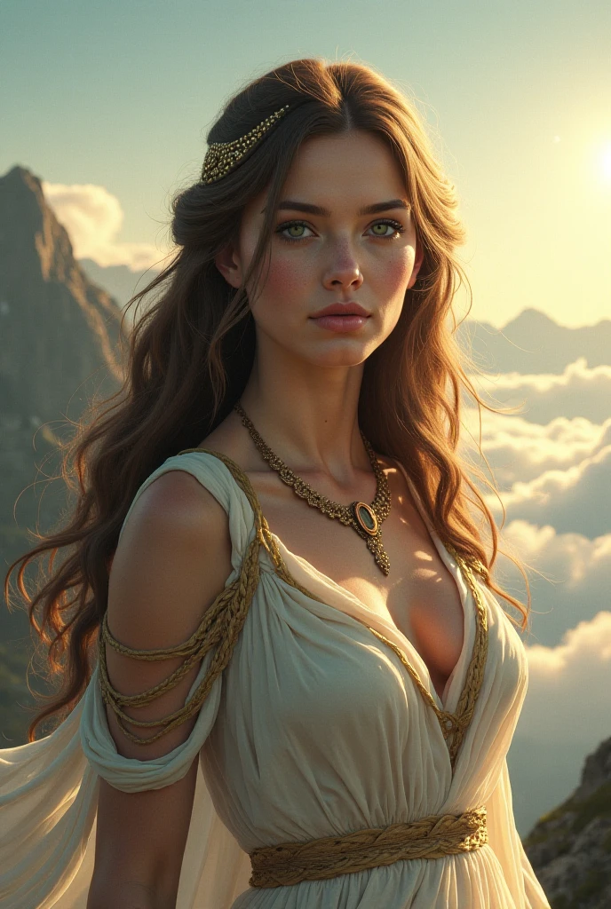 Reinterpreting the ancient Greek sculpture Aphrodite of Cytheria in digital art to create a living goddess, beautifully detailed body and face, beautifully detailed eyes, beautifully detailed mouth, lively facial expression, ideal proportions, large breasts, cleavage, midriff, slim waist, big ass, clear skin, flowing sheer robe, graceful pose, about to take off from a cliff, dramatic lighting, raw and vibrant colors, cinematic composition, digital painting, 8K, ultra detailed, photorealistic, masterpiece
