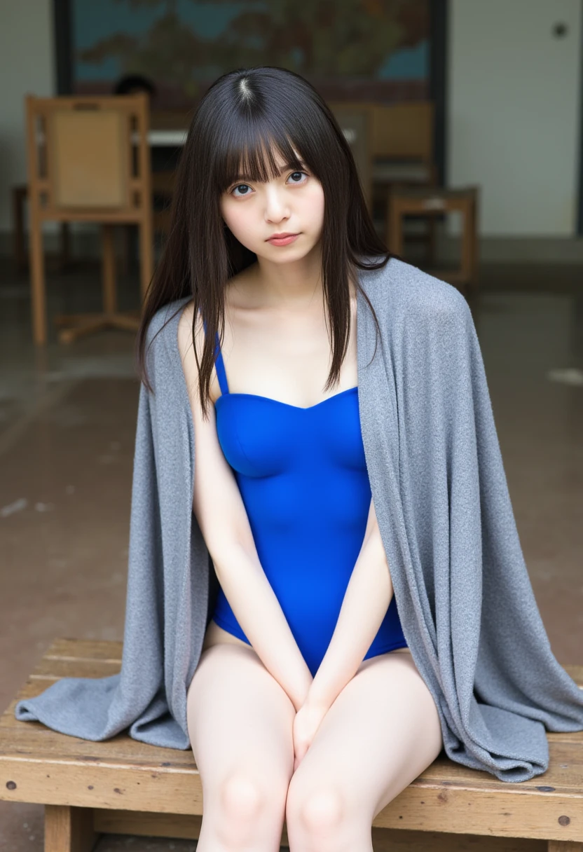 The image is a portrait of a young woman named Asuka sitting on a wooden bench in an outdoor setting. She is wearing a blue one-piece swimsuit and a grey cardigan over her shoulders. Her hair is styled in a long dark hair with bangs and she is looking directly at the camera with a serious expression. The background appears to be an old, dilapidated building with peeling paint and rustic furniture. The overall mood of the image is casual and relaxed.