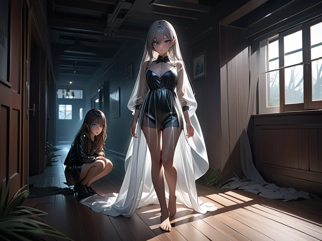top-quality、​masterpiece、Silver-haired, Fair-skinned woman wearing only near-sheer underwear in ruins、odd eye、爆乳、full body Esbian、Female genitalia visible through、Opening legs、reduce the area of underwear,,tiarra,mother daughter