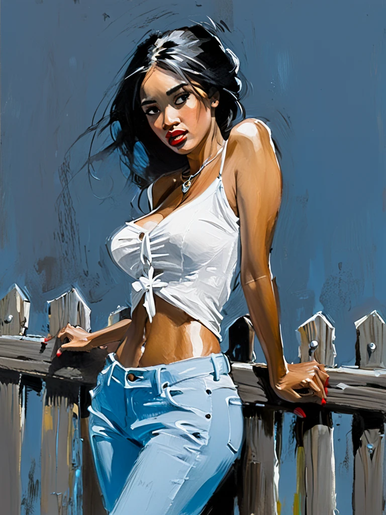 the sexy girl at the fair, long hair, small breasts, tight miniskirt, cleavage, very sexy, lascivious,(art inspired by Bill Sienkiewicz ). oil painting)
