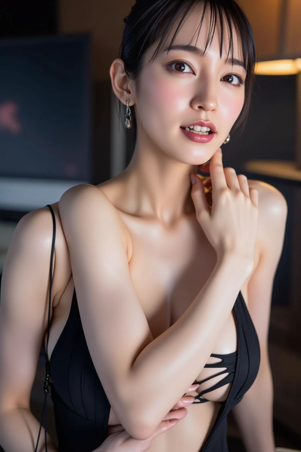 (Hyperreal Stick:1.4), (photoRealstic:1.4、Ideal ratio body proportions:1.4、Symmetrical beautiful face、bangss:1.4、Lustrous hair:1.4), masutepiece、top-quality、Beautiful and detailed female eyes with intense highlights, extremely detailed eye and face, beatiful detailed eyes, Ridiculous, unbelievable Ridiculous,Cute smile、 ultra-detailliert, hight resolution, ighly detailed, best qualtiy, masuter piece, ((Japan Girls' High School Uniform)), ighly detailed, 8k wallpaper, magnifica, finely detail, masuter piece,, best qualtiy, Very detailed uh uniform 8k wallpaper, Light on the Face、movie lighting、28-year-old woman、((dynamicposes))、(half)、(Very tall supermodel:1.4、Sit cross-legged with your knees bent, brunette, Medium Short Bob Hair、long neck、Put your ears out、Bansig's eyes、Rashi'Beautiful teeth、kawaii、a very cute、{Gigantic|Big|Huge|Mega} breasts:1.4, cleavage