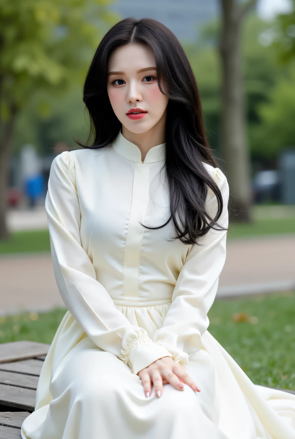 a beautiful woman, city city park sitting chair, body facing the camera, using long sleeve muslim dress in white satin material, long skirt satin material maxi model white color, big , red lips, thick long black hair