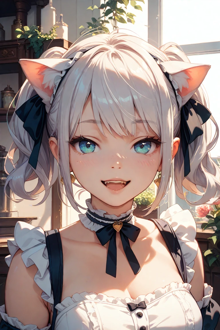 (highest quality:1.2, Very detailed, up to date, Vibrant, Ultra-high resolution, High Contrast, masterpiece:1.2, highest quality, Best aesthetics), Portraiture、girl、singer, solo, ((25-years-old:1)), Bright colors, Beautiful fine details、Beautiful lip detail、medium wave hair、red and white ((streaked hair:1.6)), highlights hair: 1.5, red eyes, slim body, medium breast, (tan skin:1.1), (Floral Fineline tattoo design on left arm:1), sexy Maid costume, cat ears, (cat whiskers:1.3), cat makeup, in Maid Cafe, ((leaning forward:1)), cowboy shot,